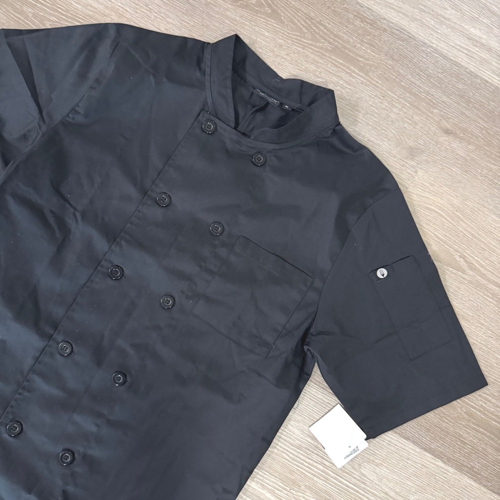 Chef Works Chef Coat Mens Medium Black Short Sleeve Double Breasted BLSS-BLK-M